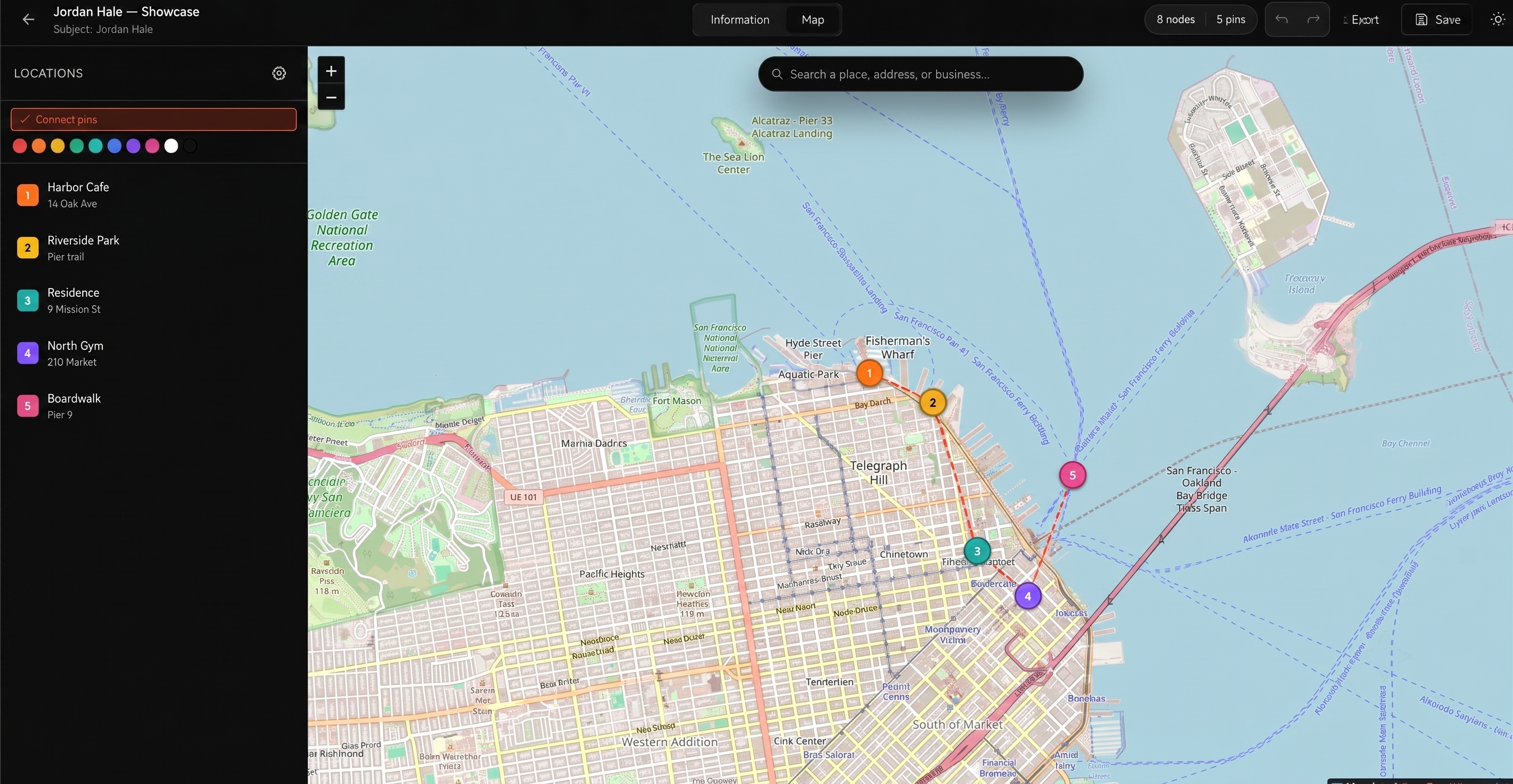 Waypoint Map tab showing five connected location pins in San Francisco with Harbor Cafe, Riverside Park, and Residence